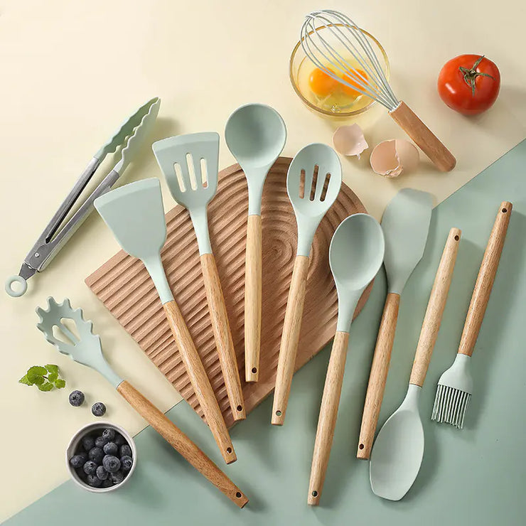 Silicone Kitchen Tool Set with Light Wood Handle (12-Piece)