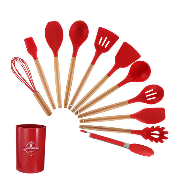 Silicone Kitchen Tool Set with Light Wood Handle (12-Piece)