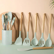 Silicone Kitchen Tool Set with Light Wood Handle (12-Piece)