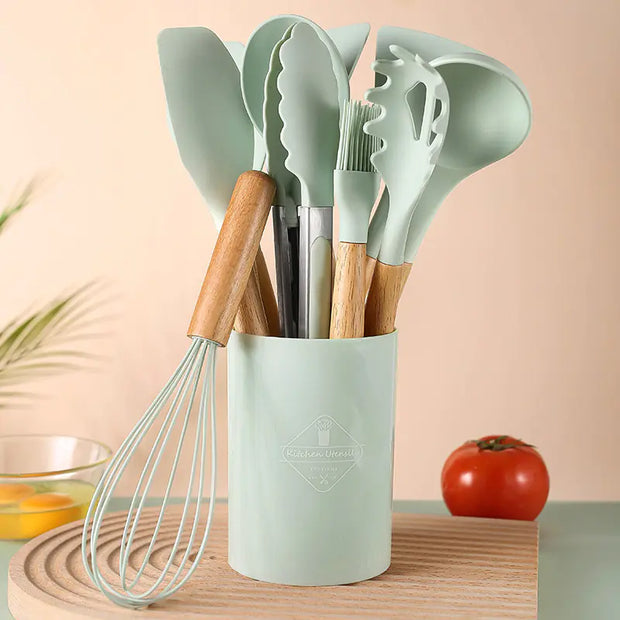 Silicone Kitchen Tool Set with Light Wood Handle (12-Piece)