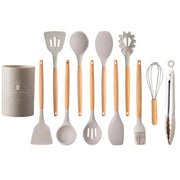 Silicone Kitchen Tool Set with Light Wood Handle (12-Piece)