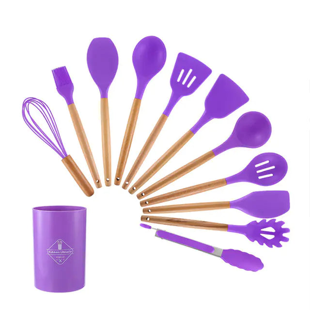 Silicone Kitchen Tool Set with Light Wood Handle (12-Piece)