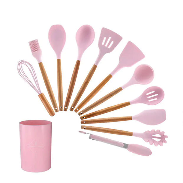 Silicone Kitchen Tool Set with Light Wood Handle (12-Piece)