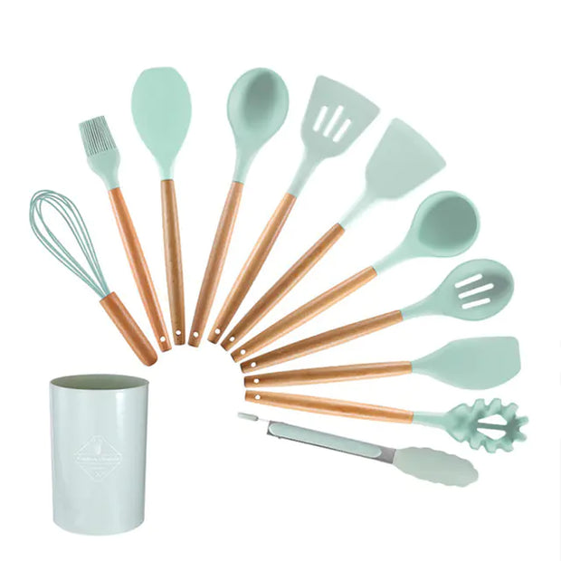 Silicone Kitchen Tool Set with Light Wood Handle (12-Piece)