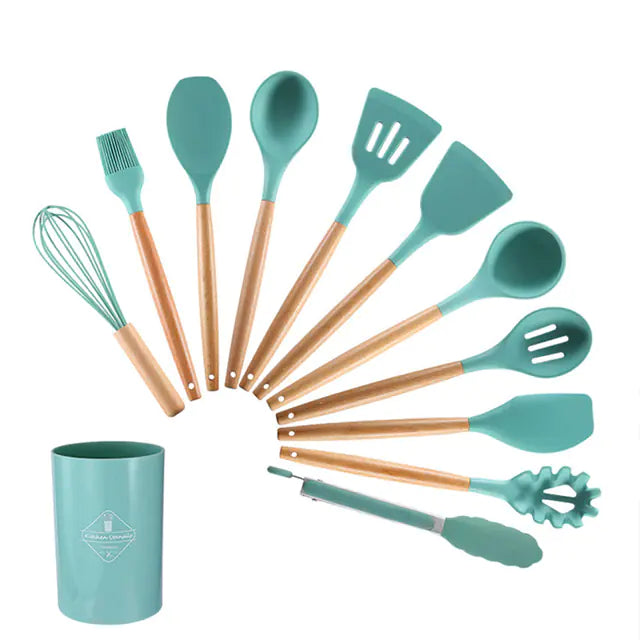 Silicone Kitchen Tool Set with Light Wood Handle (12-Piece)